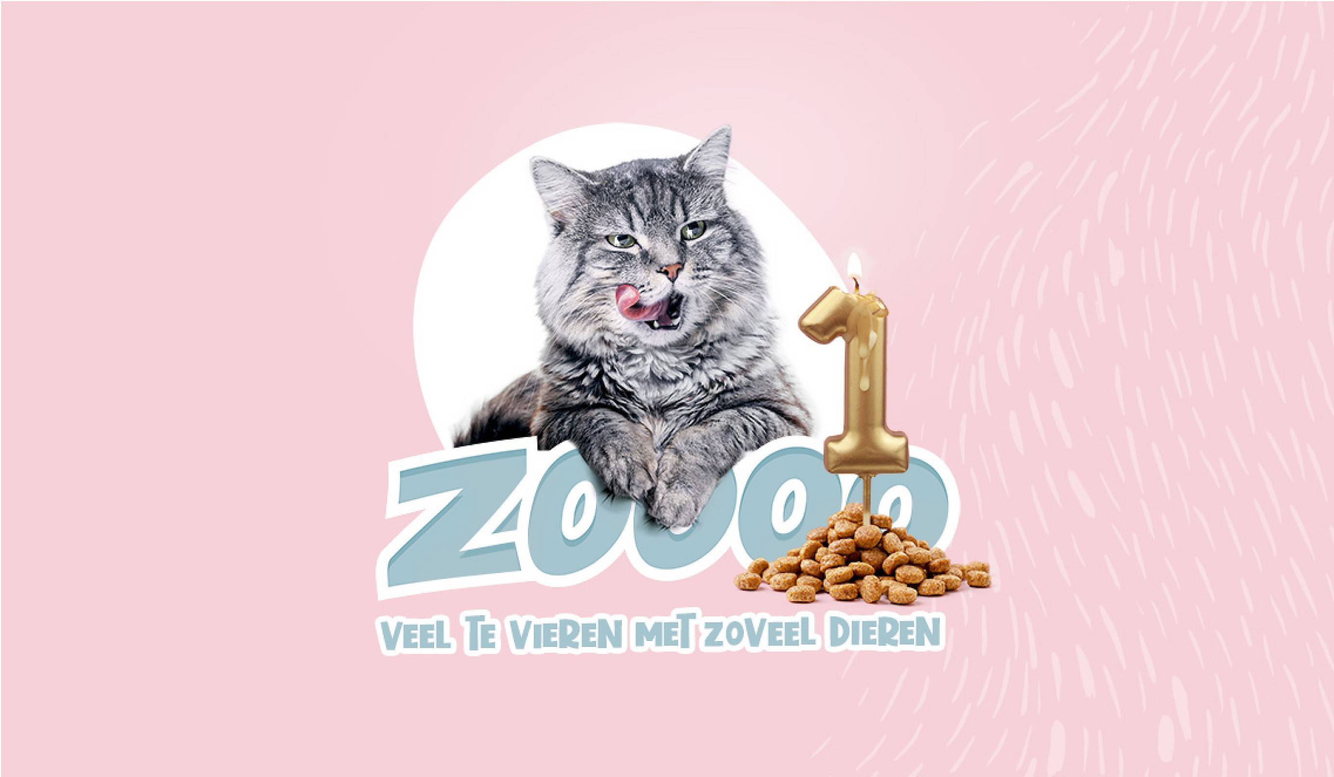 Een kat naast een hoopje kattenbrokken met daarop een kaarsje in de vorm van het cijfer één, onder de kat staat een slogan van Duponzoo: 'zoooo veel te vieren, met zoveel dieren'